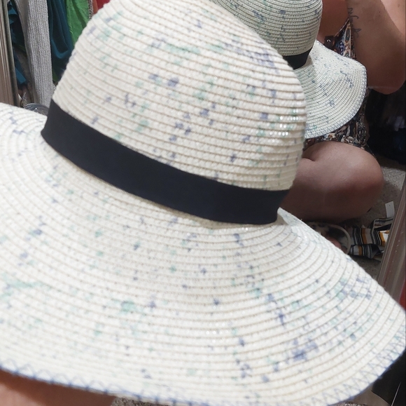 David & Young ☆ Packable Boho Beach Straw Brim Hat Green Blue Flecks OS Cruise main image 5